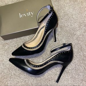 LEVITY Black Heels with Gold Studs, Nude mesh